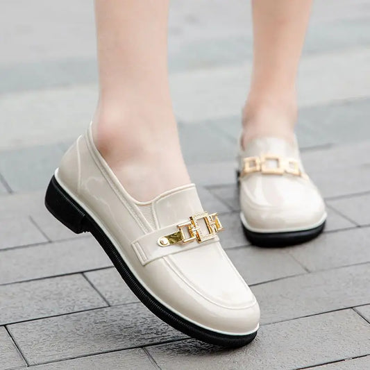 Women’s Waterproof Rain Loafers – Glossy Slip-On Shoes with Decorative Chain and Non-Slip Sole