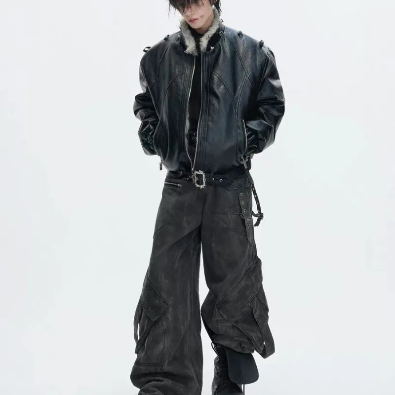 Men’s Faux-Leather Bomber Jacket – Fur-Trimmed Hooded Winter Coat with Buckled Hem Detail