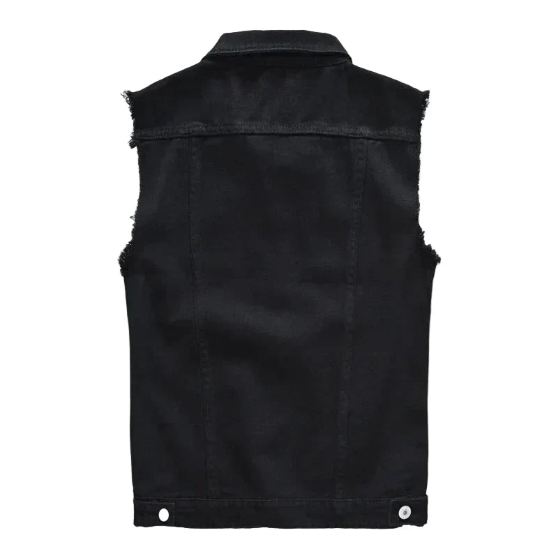 Men’s Distressed Sleeveless Denim Vest – Button-Front Trucker Layer with Frayed Armholes and Chest Pockets
