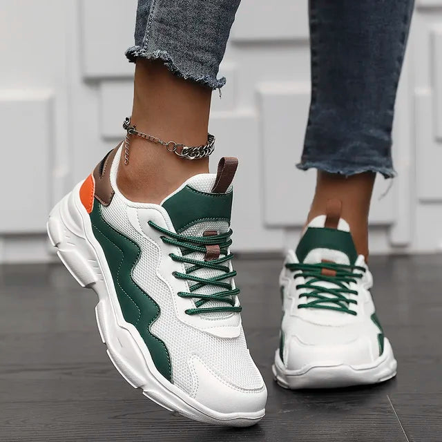 Women’s Lightweight Mesh Sneakers – Lace-Up Low-Top Trainers with Layered Panels and Chunky Cushioned Sole