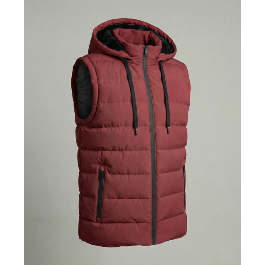 Men’s Quilted Hooded Puffer Vest – Fleece-Lined Bodywarmer with Zip Pockets for Cold-Weather Layering