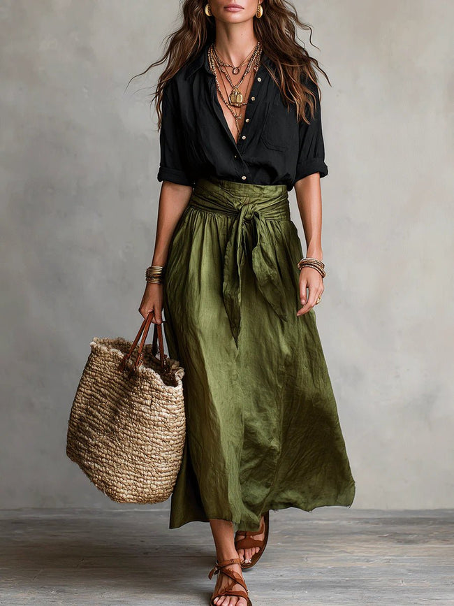 Women’s High-Waisted Midi Skirt Set – Button-Front Blouse Co-Ord for Summer City Wear