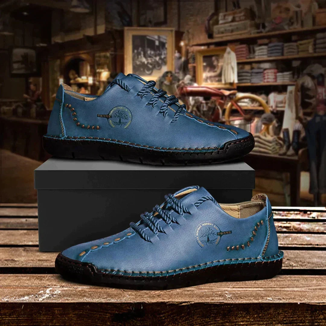 Men’s Vintage Leather Casual Shoes – Hand-Stitched Lace-Up Design with Flexible Low-Profile Sole