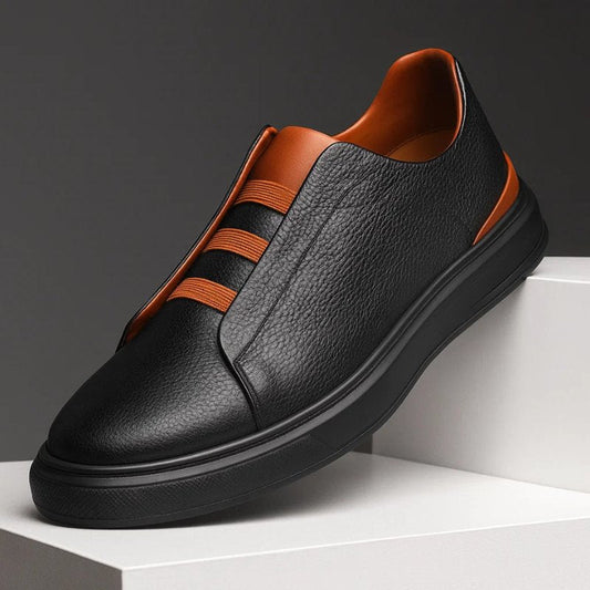 Men’s Genuine Leather Slip-On Trainers – Elastic Strap Smart Casual Shoes for Office and Weekend Wear