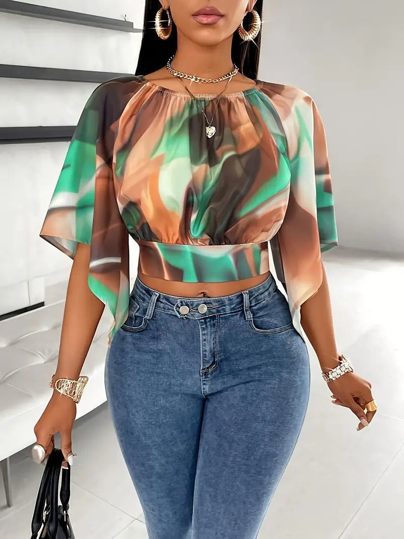 Women’s Printed Crop Top – Draped Flutter Sleeve Summer Top for Holiday and Evening Wear