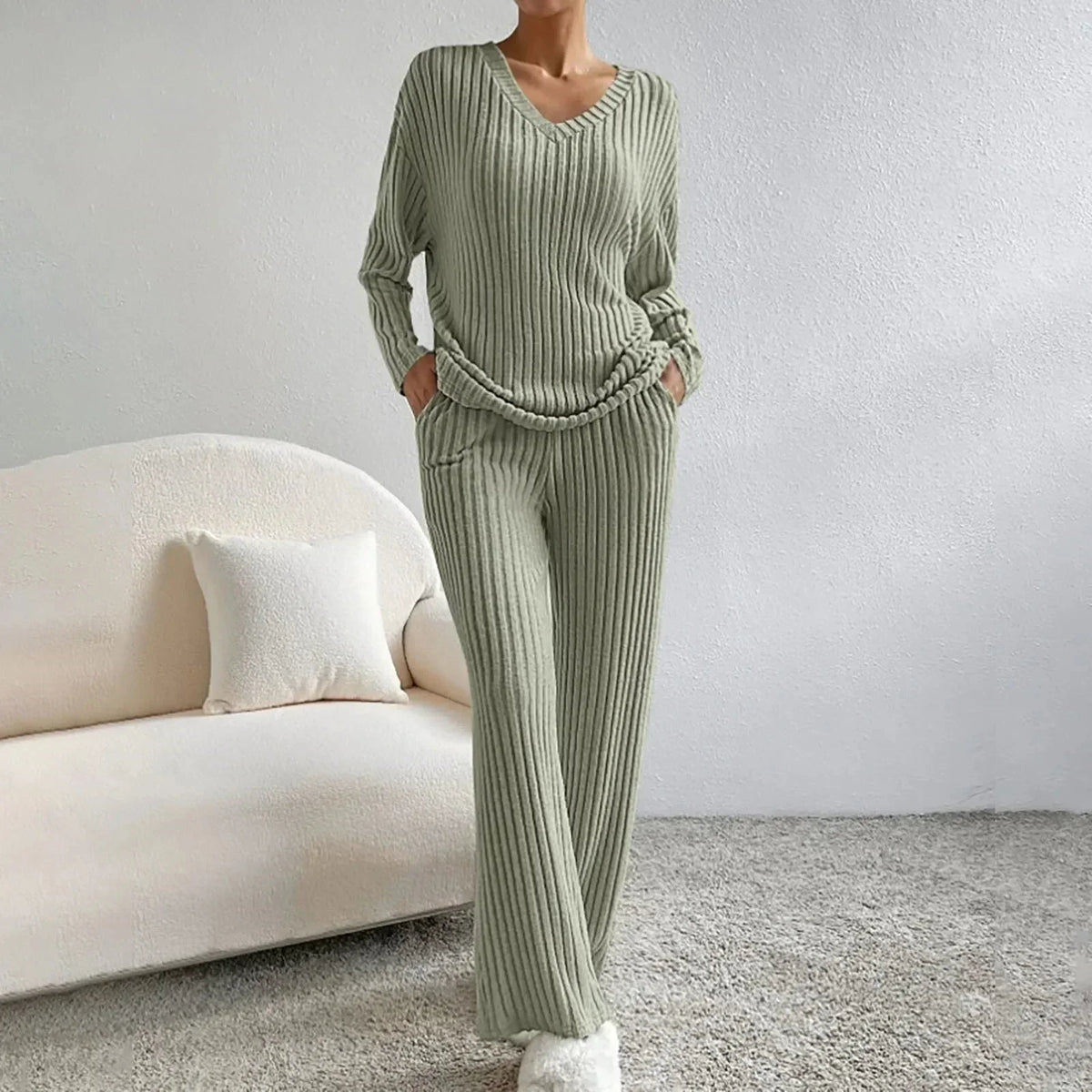 Women’s Lounge Set – Ribbed Knit V-Neck Top with Wide-Leg Trousers