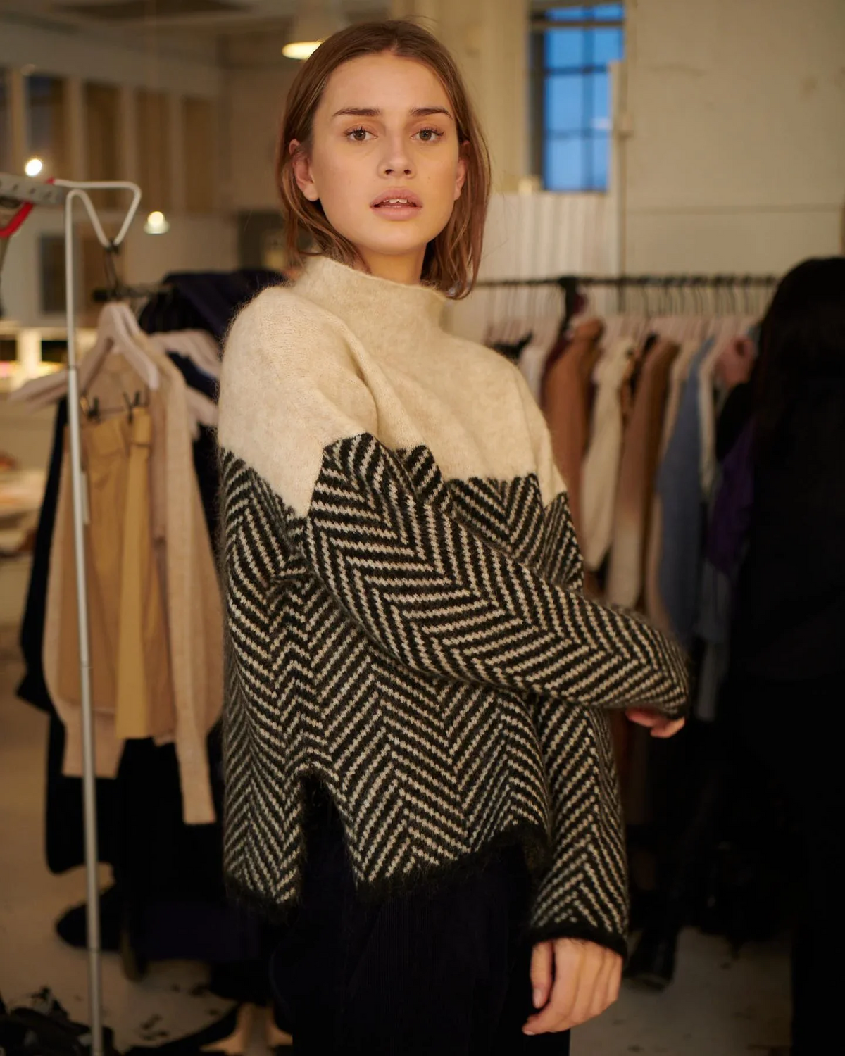 Women’s Roll-Neck Jumper – Herringbone Knit with Contrast Yoke