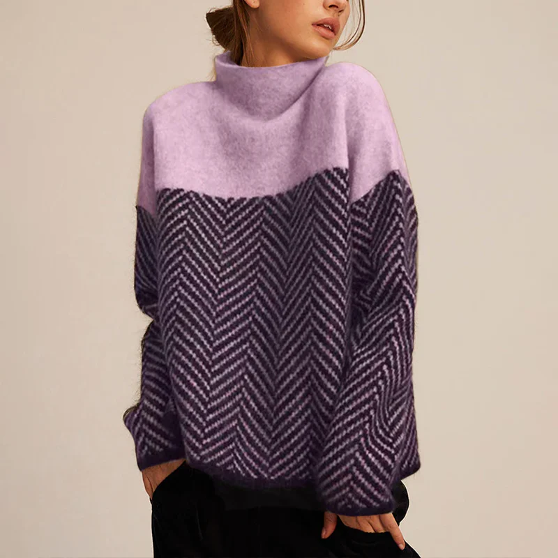 Women’s Roll-Neck Jumper – Herringbone Knit with Contrast Yoke