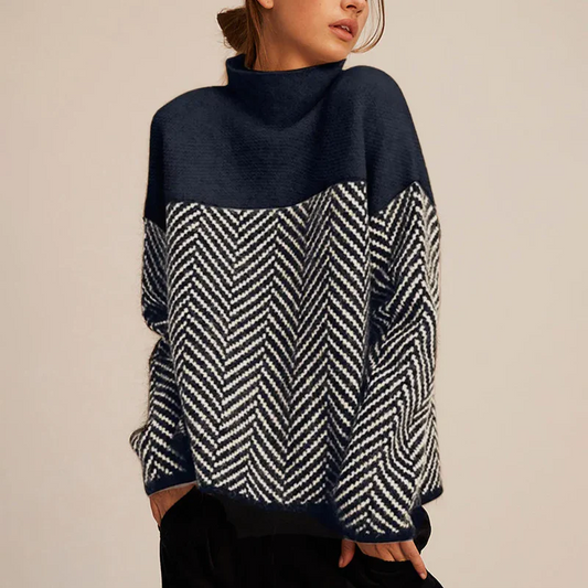 Women’s Roll-Neck Jumper – Herringbone Knit with Contrast Yoke