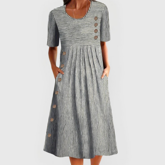 Women’s Cotton A-Line Midi Dress – Striped Summer Day Style with Pockets