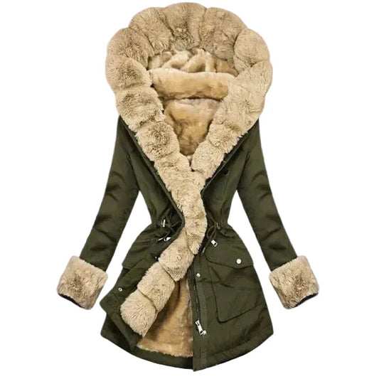 Women’s Plush-Lined Hooded Parka – Faux Fur Trimmed Coat for Winter Warmth
