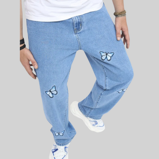Men’s Butterfly-Embroidered Straight-Leg Jeans – Vintage Denim for Casual Streetwear