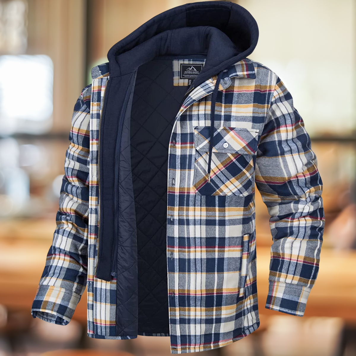 Men’s Hooded Plaid Shirt Jacket – Quilted-Lined Winter Shacket with Chest Pockets for Casual Cold-Weather Layering