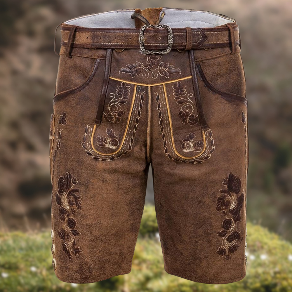 Men’s Traditional Embroidered Lederhosen – Bavarian Festival Shorts with Belt