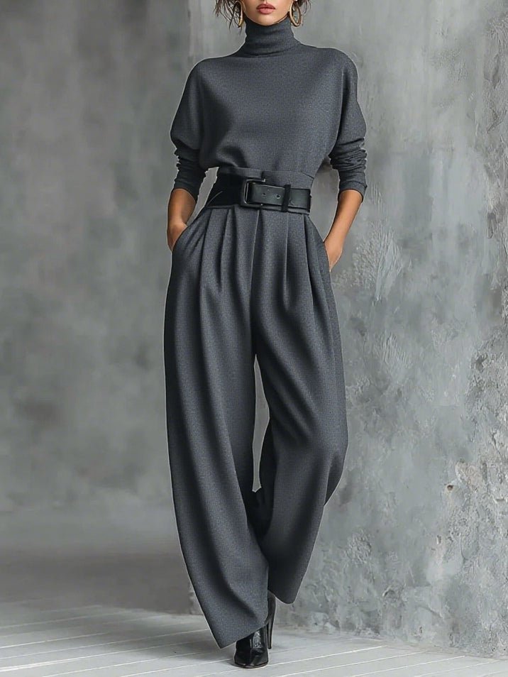 Women’s Belted Roll-Neck Trouser Set – Soft Cotton-Blend Co-Ord for Autumn Office and Evening Wear