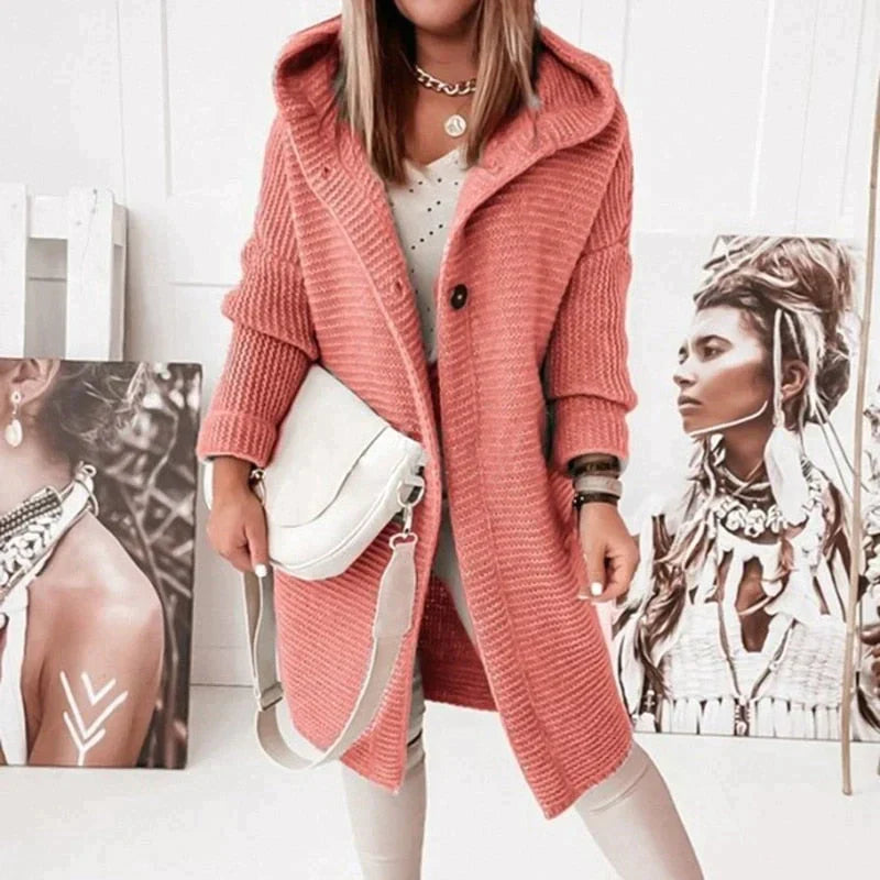 Women’s Long Hooded Cardigan – Button Placket Knitted Jacket