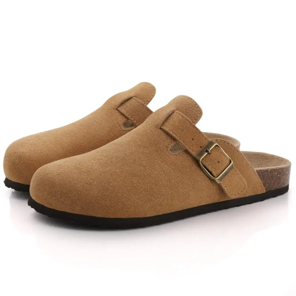 Women’s Suede Buckle Clogs – Closed-Toe Backless Mules with Contoured Footbed for Casual Everyday Wear