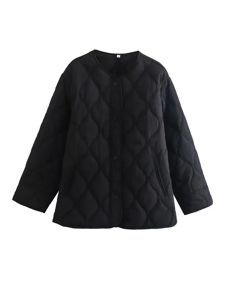 Women’s Wave-Quilted Jacket – Relaxed Collarless Layer for Casual Cold-Weather Styling