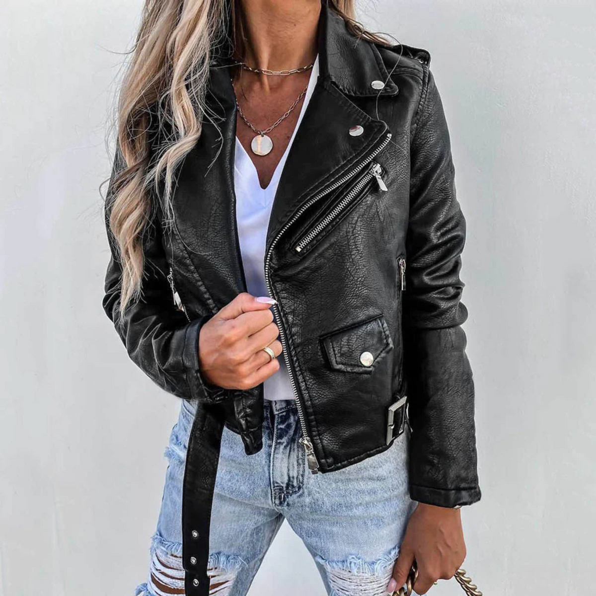 Women’s Biker Jacket – Quilted Detail with Diagonal Zip