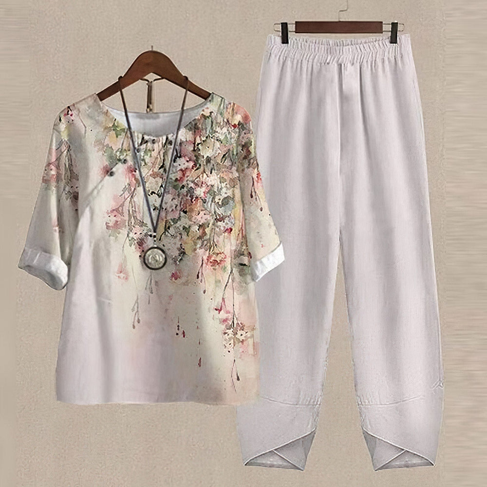 Women’s Two-Piece Set – Butterfly-Print Tunic with Elasticated-Waist Trousers