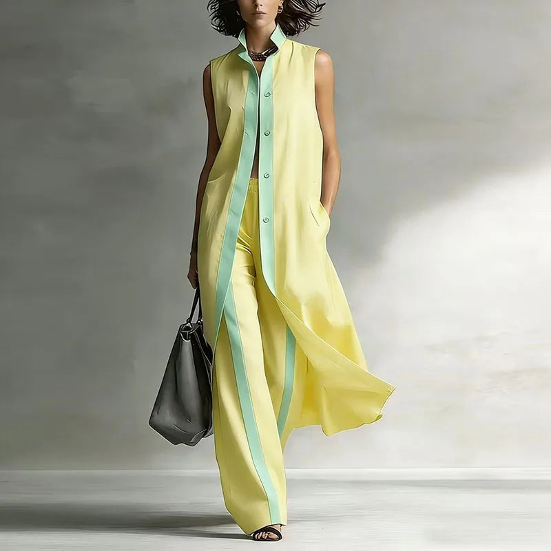 Women’s Longline Two-Piece Set – Sleeveless Button-Front Tunic with Wide-Leg Trousers for Summer City Wear