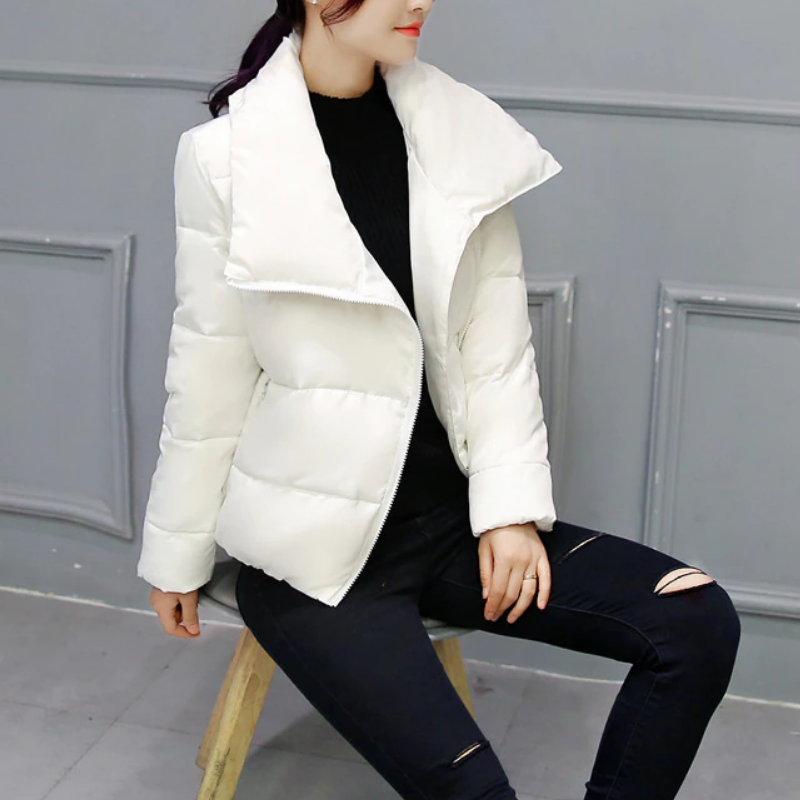 Women’s Asymmetric-Collar Puffer Jacket – Water-Resistant Fitted Layer for Modern Winter Styling