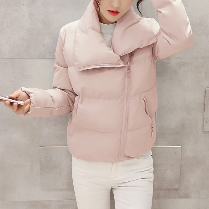 Women’s Asymmetric-Collar Puffer Jacket – Water-Resistant Fitted Layer for Modern Winter Styling