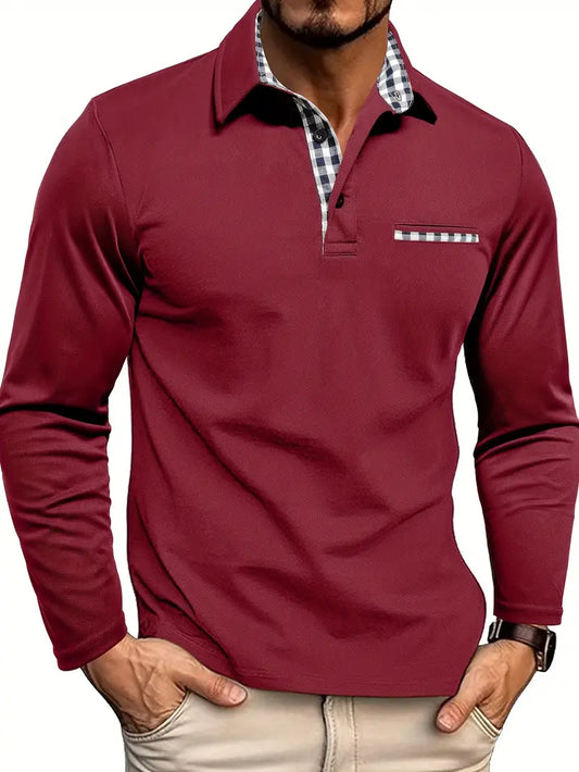 Men’s Long-Sleeve Polo Shirt – Checked Contrast Collar with Piped Chest Pocket