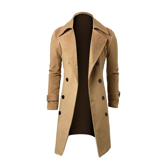 Men’s Double-Breasted Longline Trench Coat – Tailored British-Inspired Layer with Wide Lapels and Cuff Straps