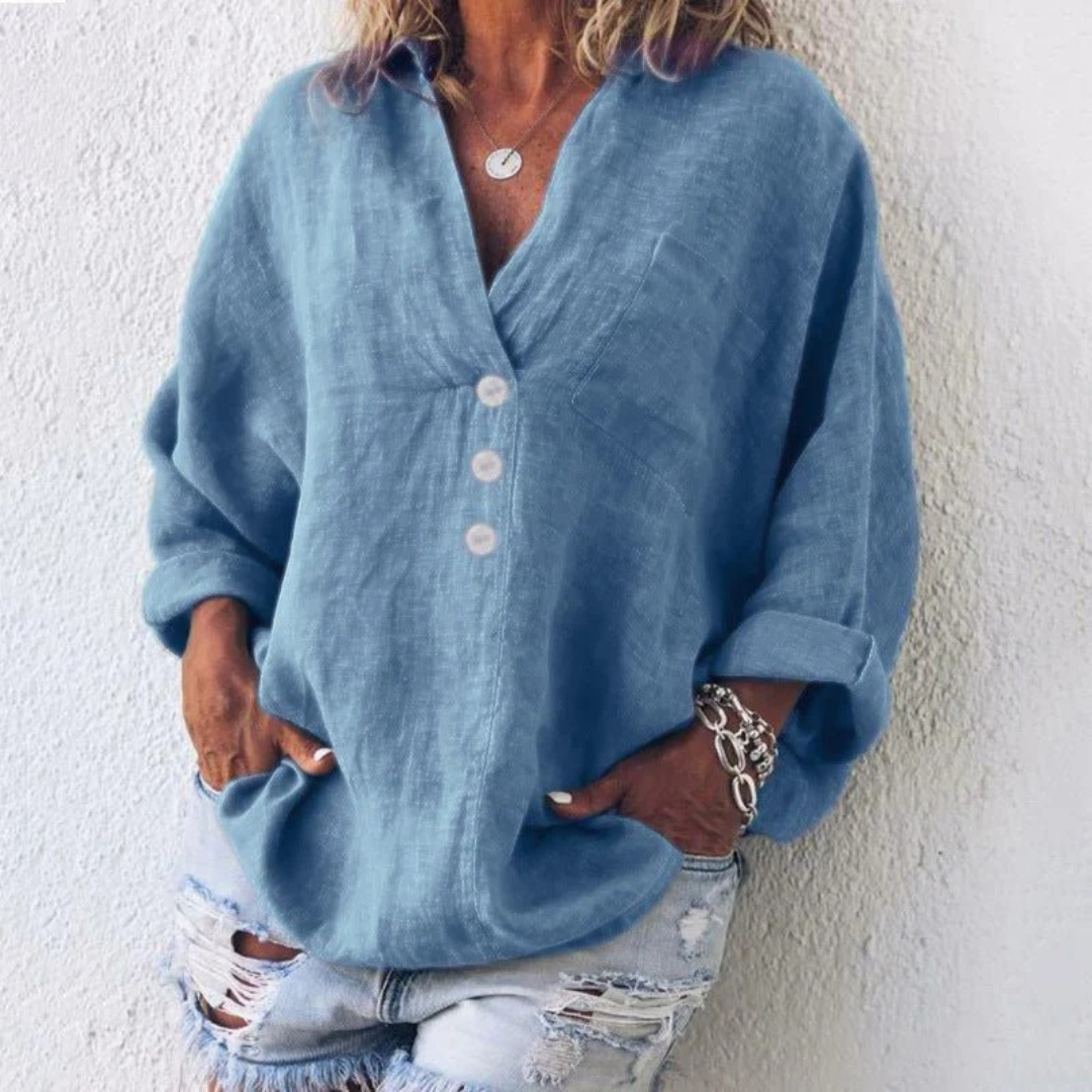 Women’s Linen-Look V-Neck Blouse – Relaxed Long-Sleeve Top for Everyday Wear