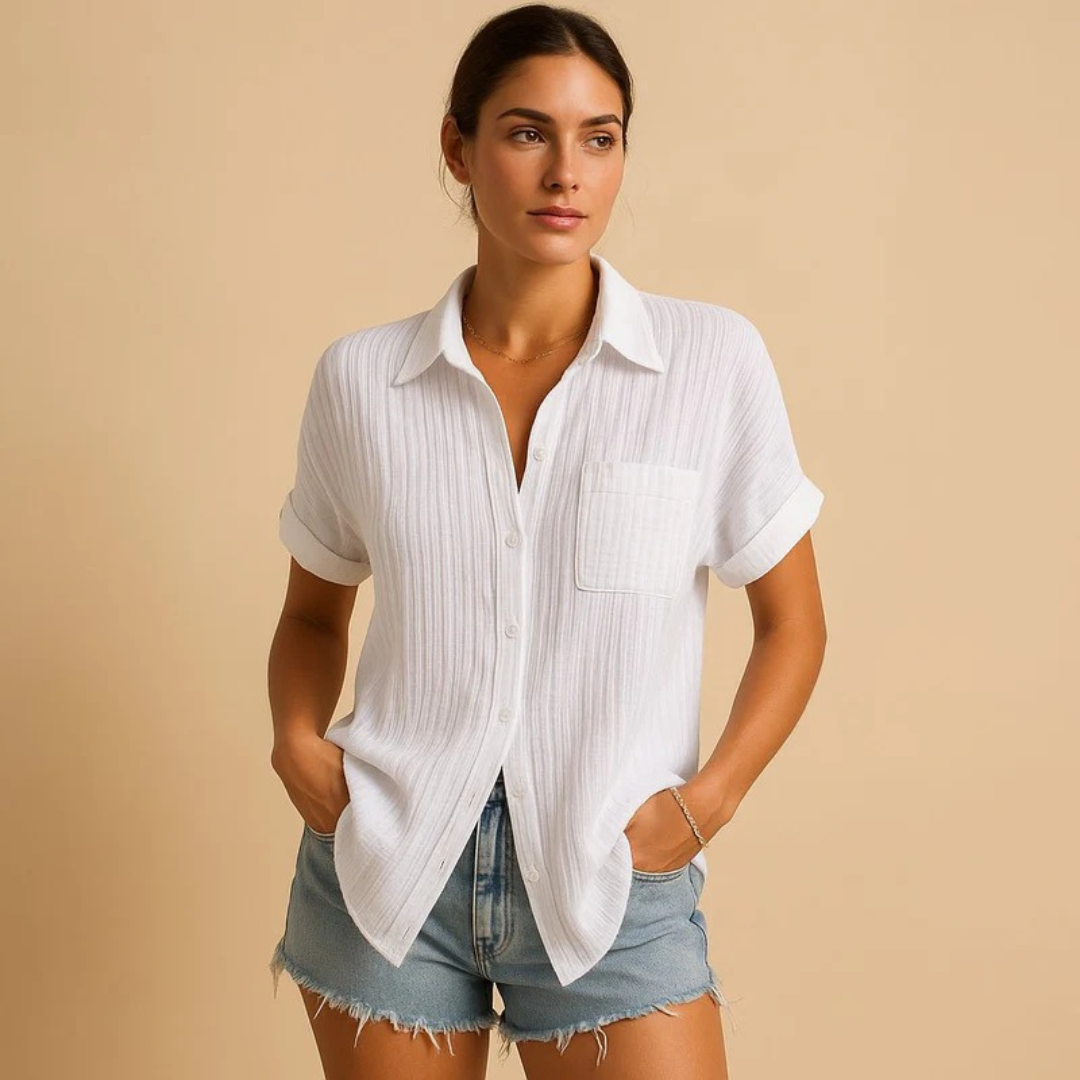 Women’s Crinkle Short-Sleeve Shirt – Relaxed Button-Up Style for Summer and Everyday Wear