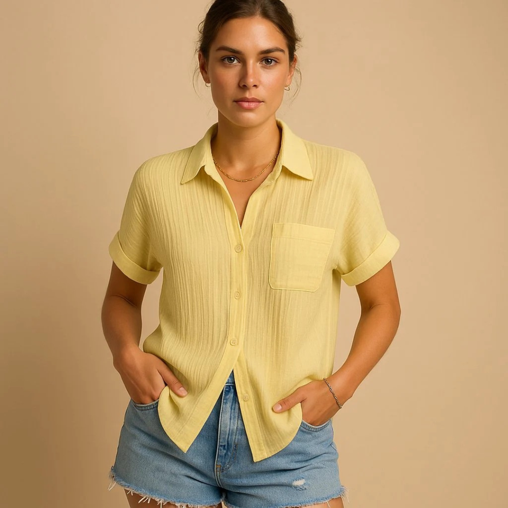 Women’s Crinkle Short-Sleeve Shirt – Relaxed Button-Up Style for Summer and Everyday Wear