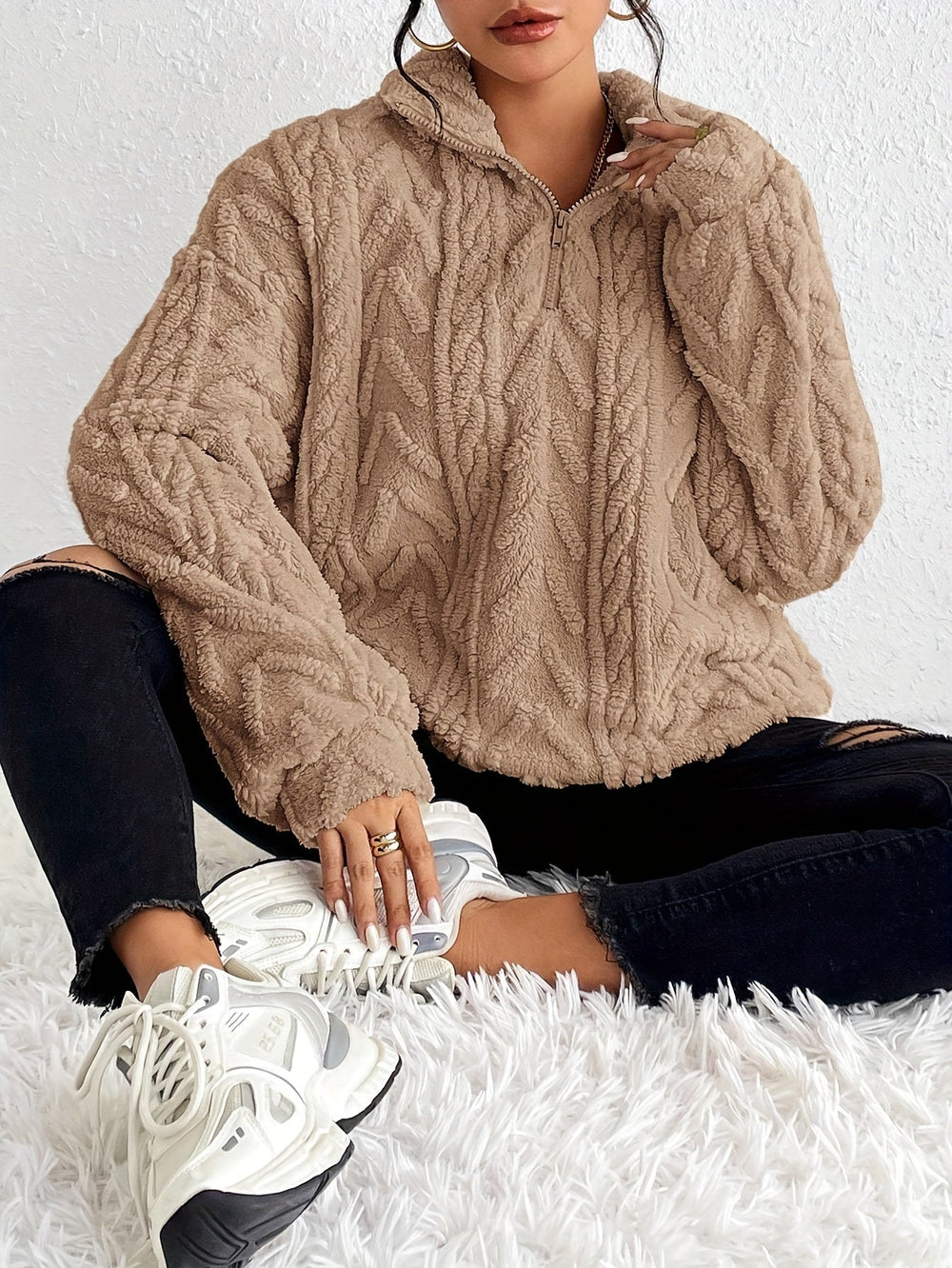 Women’s Quarter-Zip Jumper – Stand Collar with Cable Knit Texture