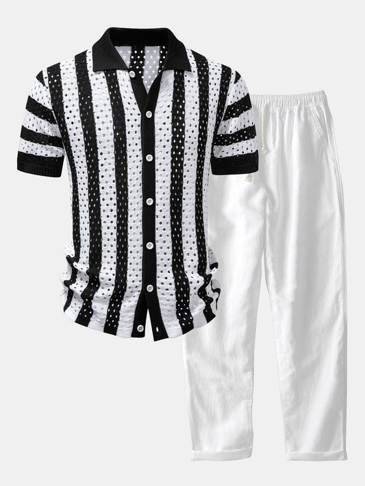 Men’s Open-Knit Shirt and Linen Blend Trousers Set – Summer Resort Co-Ord