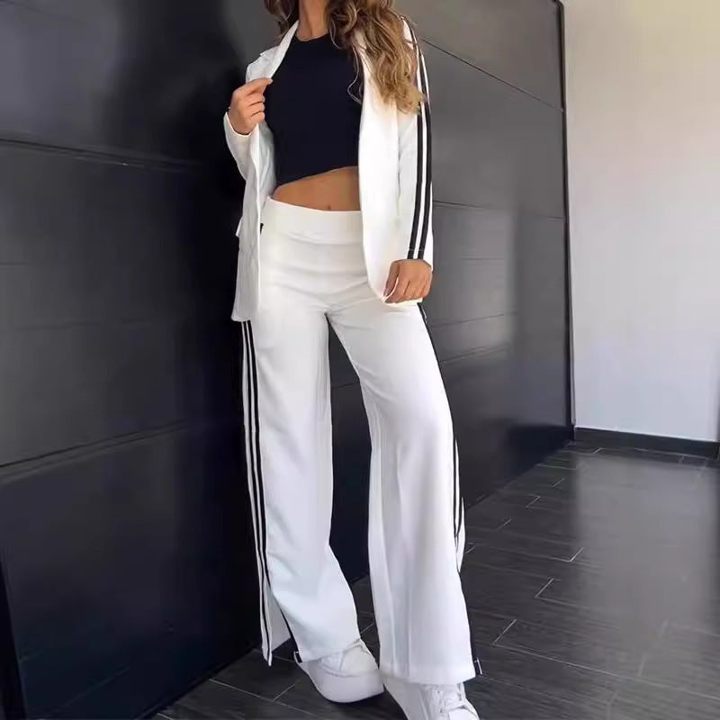 Women’s Blazer and Side-Stripe Trouser Set – Relaxed Smart-Casual Two-Piece Outfit