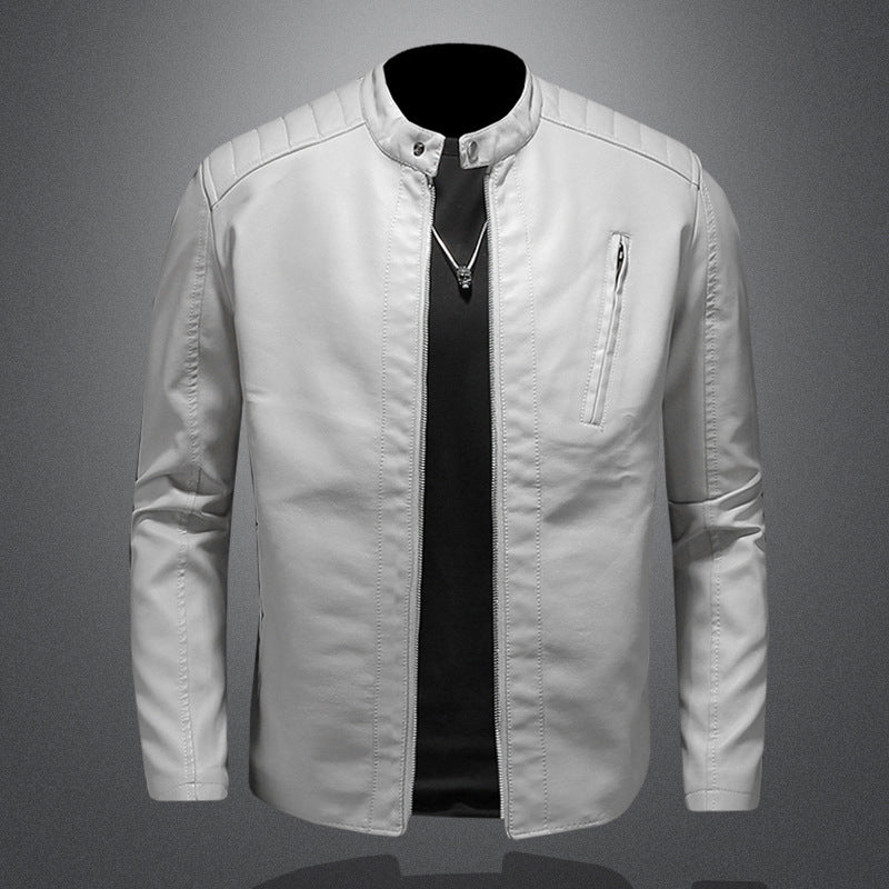 Men’s Minimal Leather Biker Jacket – Band-Collar Zip Layer for Everyday Wear