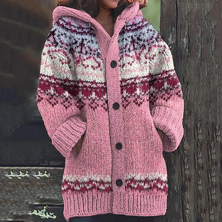 Women’s Hooded Cardigan – Nordic Fair Isle Knit with Patch Pockets