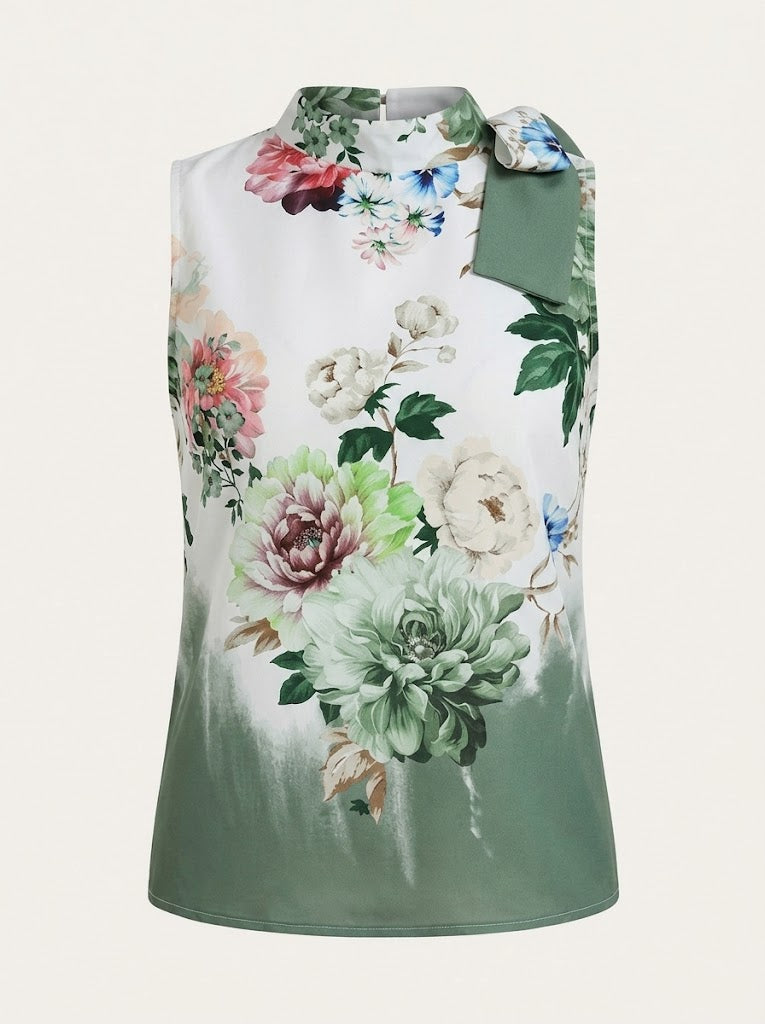 Women’s Printed Scarf-Neck Blouse – Sleeveless Summer Top for Smart Casual Wear