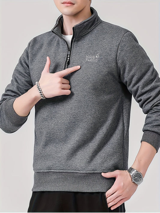 Men’s Fleece-Lined Quarter-Zip Sweatshirt – Warm Stand-Collar Layer for Autumn and Winter