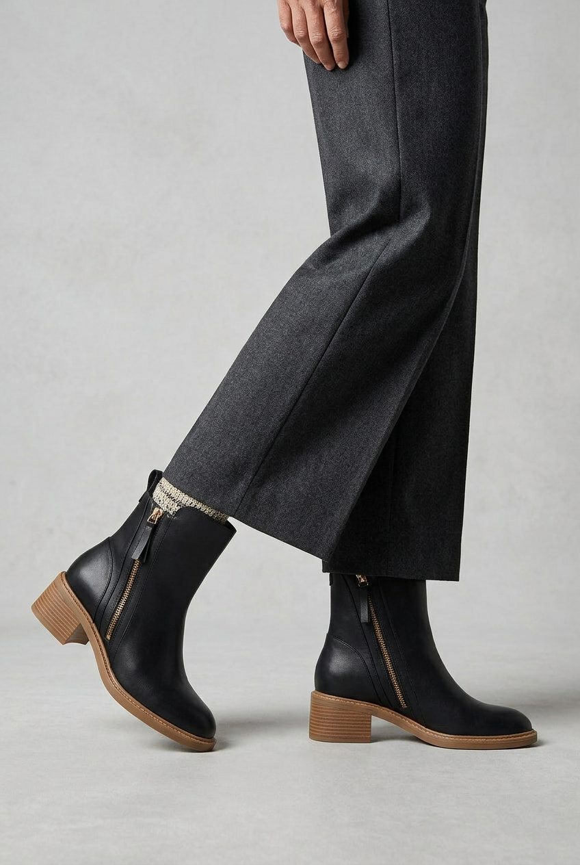 Women’s Block-Heel Ankle Boots – Side-Zip Boots with Rounded Toe and Contrast Sole for Everyday Wear
