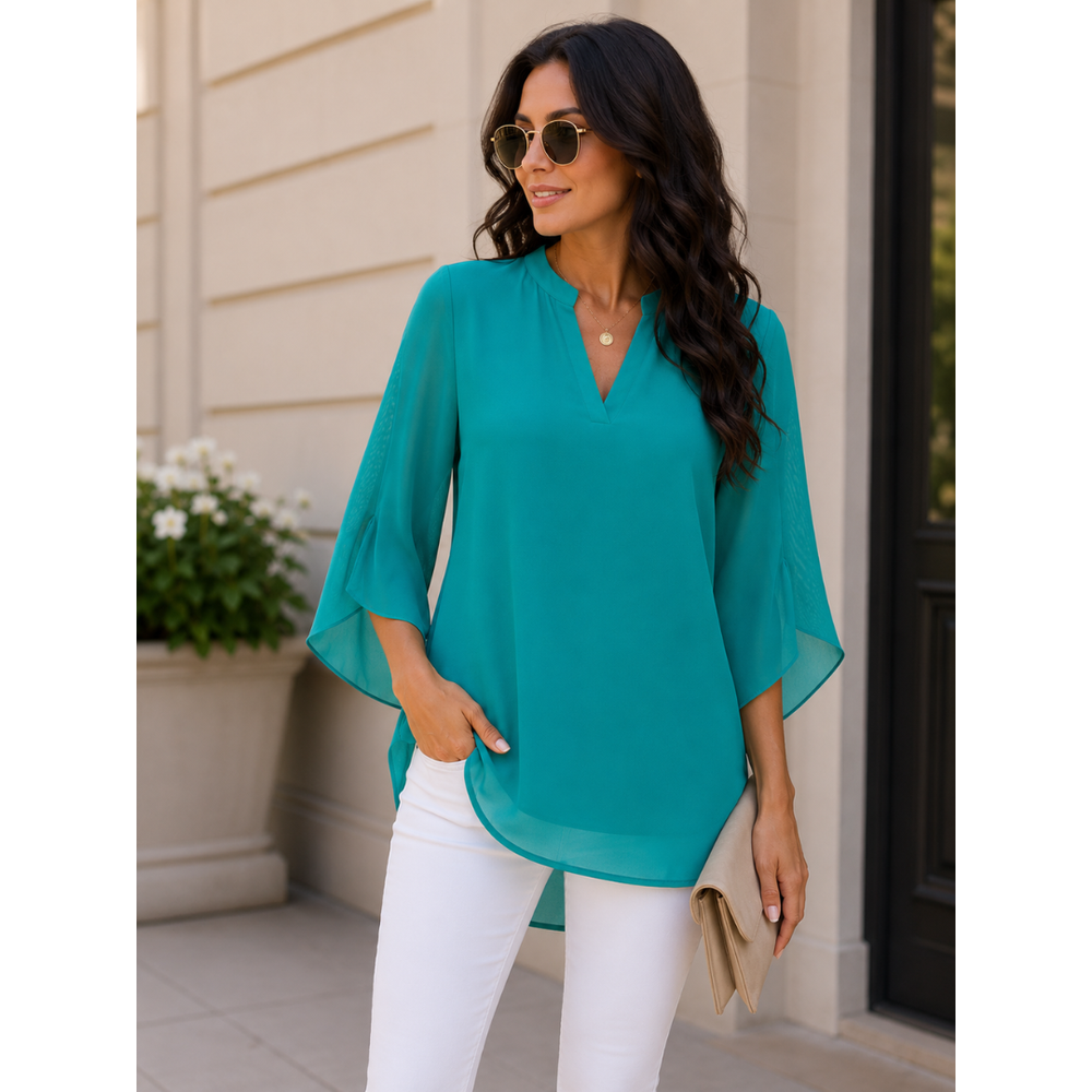 Women’s Split-Sleeve Blouse – Relaxed V-Neck Top for Office and Everyday Wear
