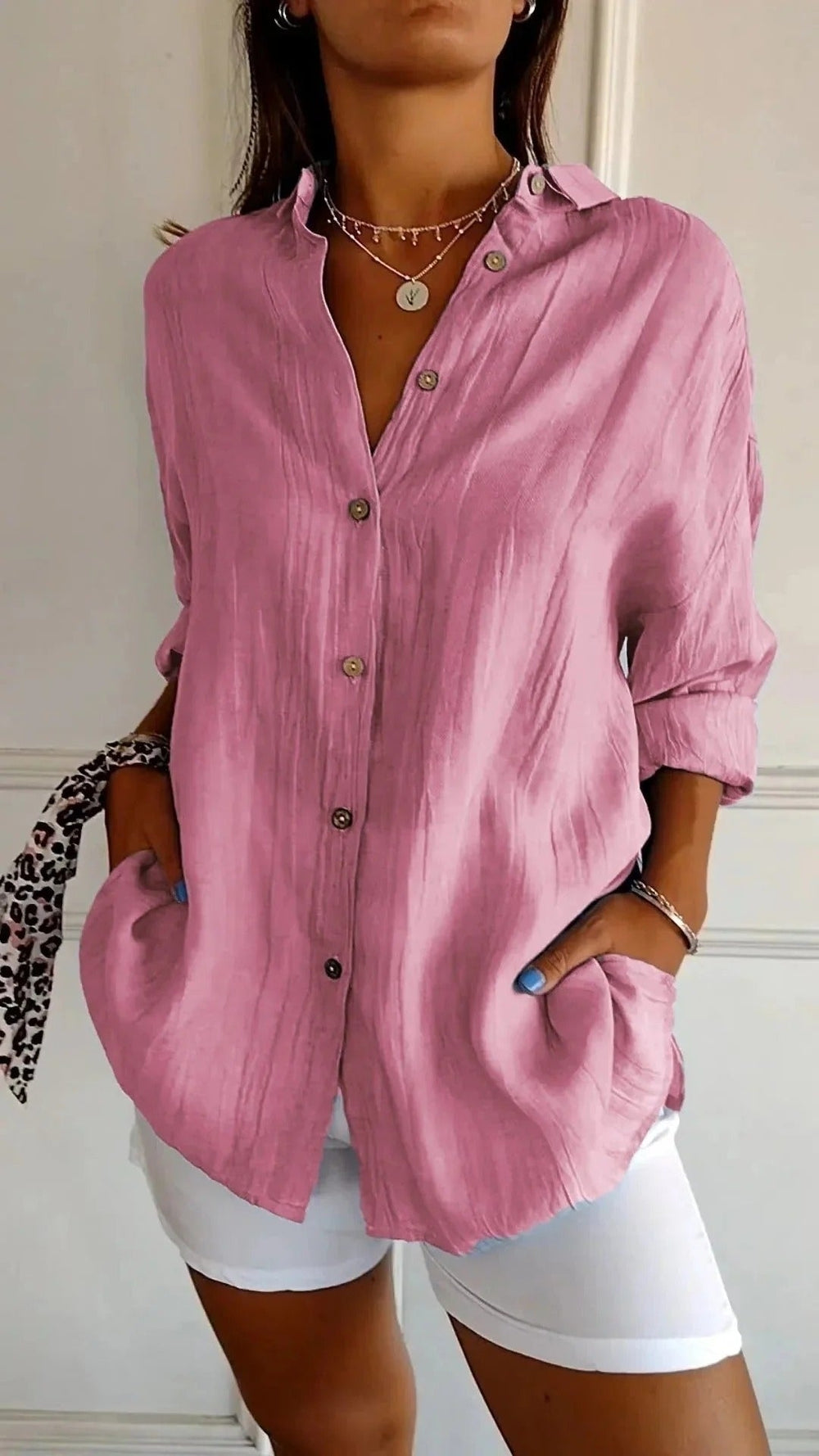 Women’s Crinkle Button-Up Shirt – Relaxed Roll-Sleeve Style for Summer and Travel