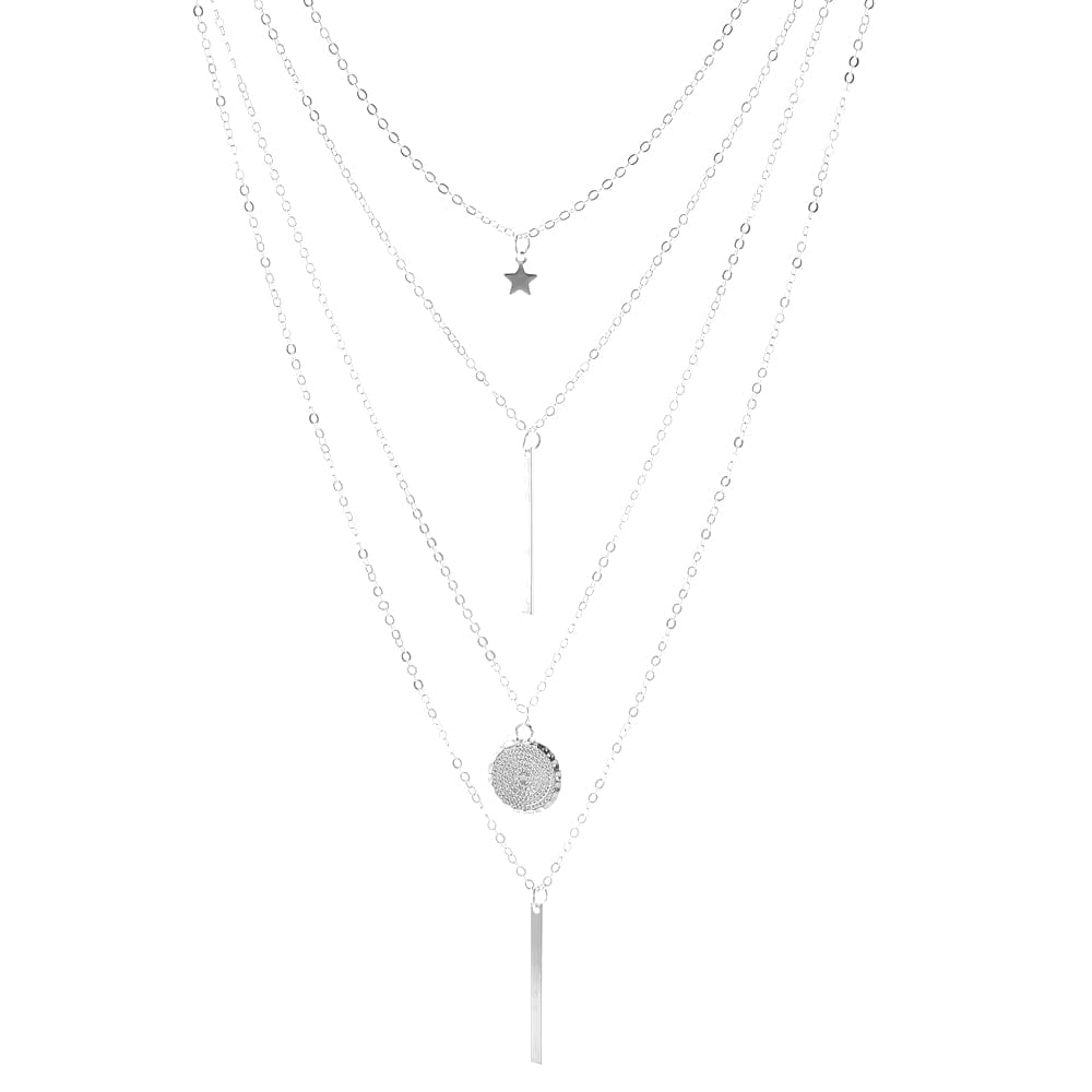 Women’s Boho Layered Star Necklace – Multi-Strand Pendant Chain with Bar Coin and Drop Details for Festival and Everyday Wear