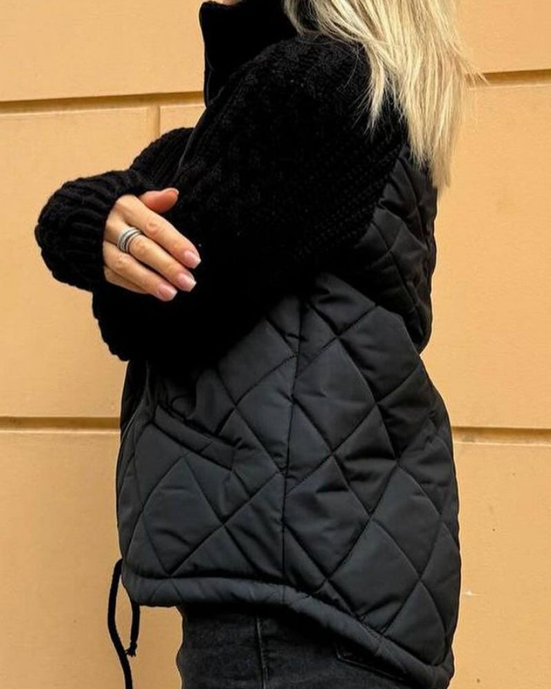Women’s Quilted Jacket – Diamond-Quilted Jacket with Cable-Knit Sleeves