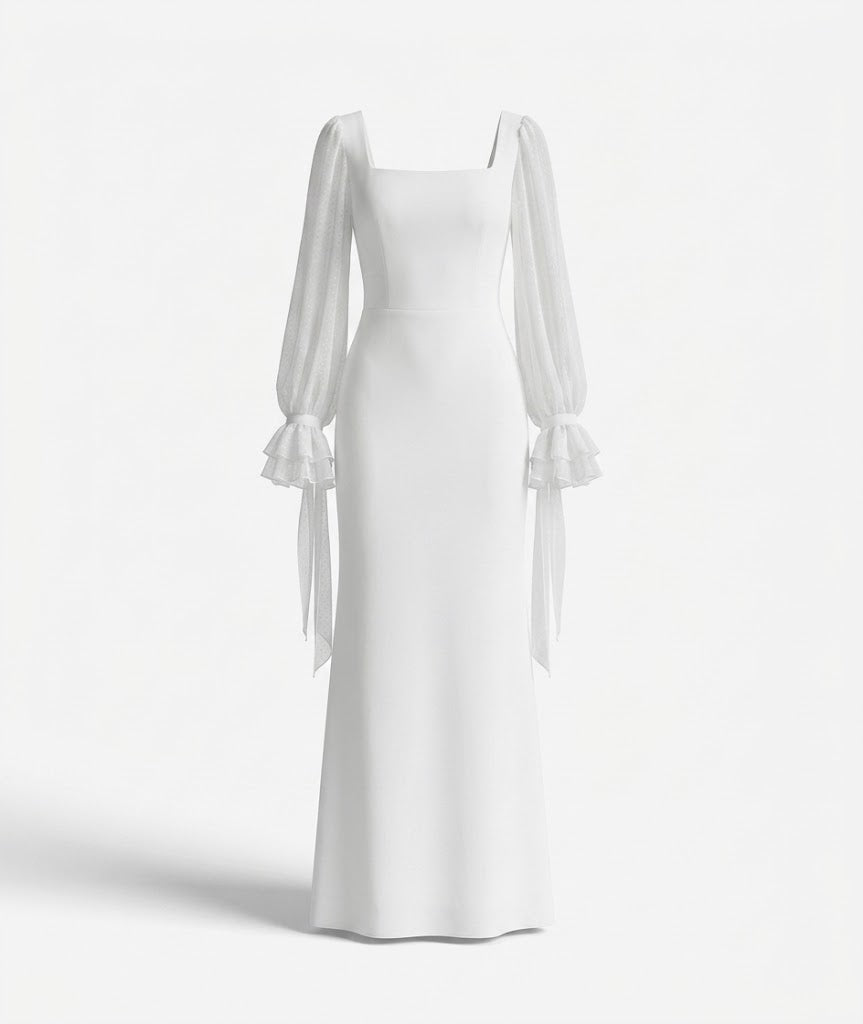 Women’s Long-Sleeve Square Neck Maxi Dress – Elegant Formal Style for Weddings and Events