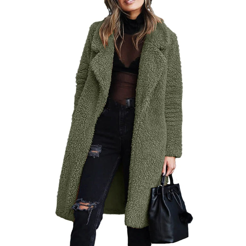 Women’s Plush Teddy Overcoat – Knee-Length Lapel Outerwear for Warm Refined Winter Dressing