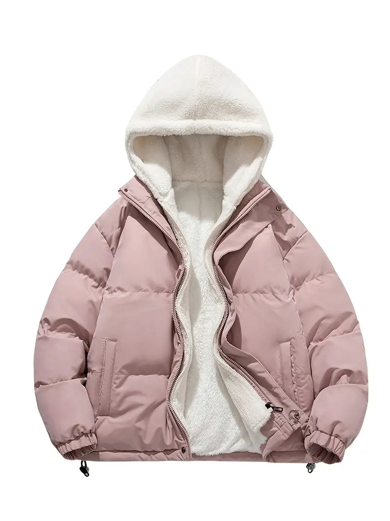Women’s Sherpa-Lined Puffer Jacket – Cosy Hooded Winter Outerwear with Zip Front and Adjustable Hem