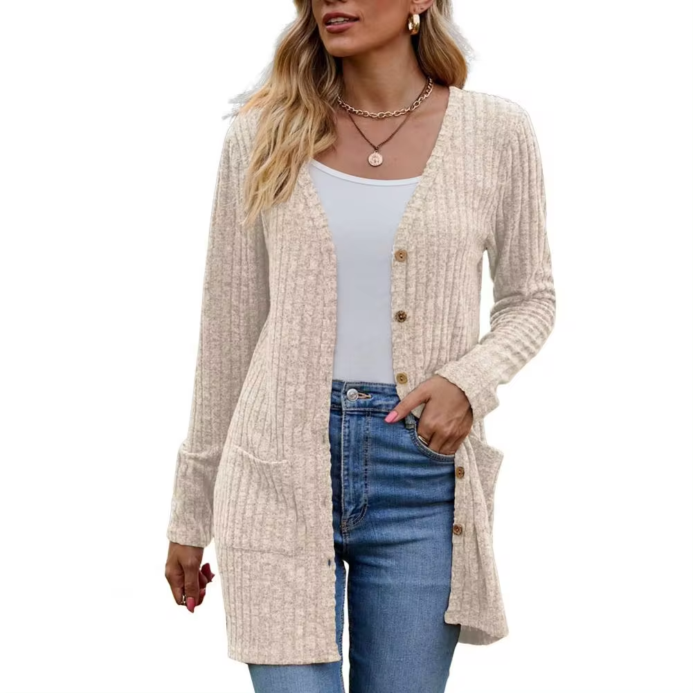 Women’s Open Cardigan – Ribbed Knit with Patch Pockets