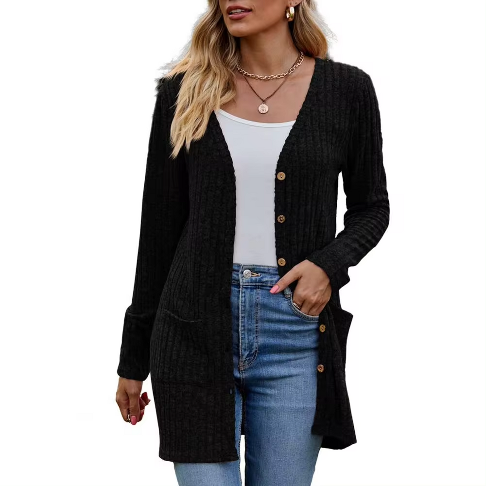 Women’s Open Cardigan – Ribbed Knit with Patch Pockets