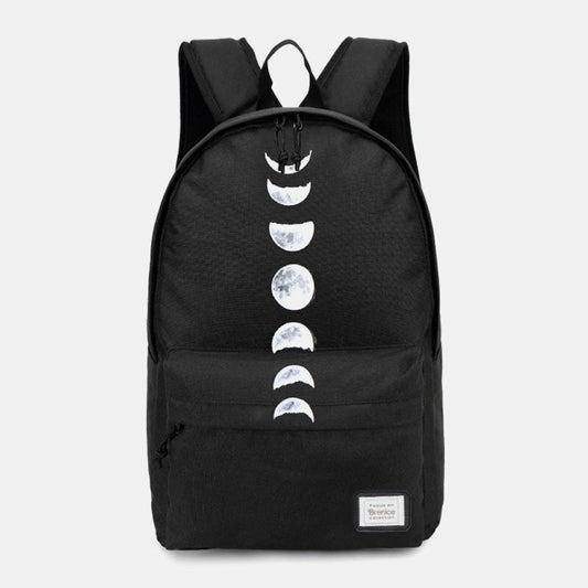 Unisex Moon Phase Oxford Backpack – Casual School Bag with Celestial Print and Front Storage Pocket
